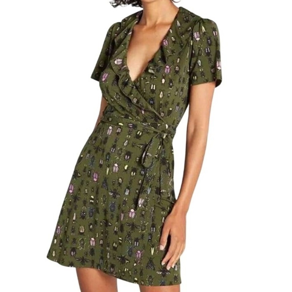 ModCloth Wrap Dress Womens 3X Green Beetle Bug Insect Print Ruffle Novelty